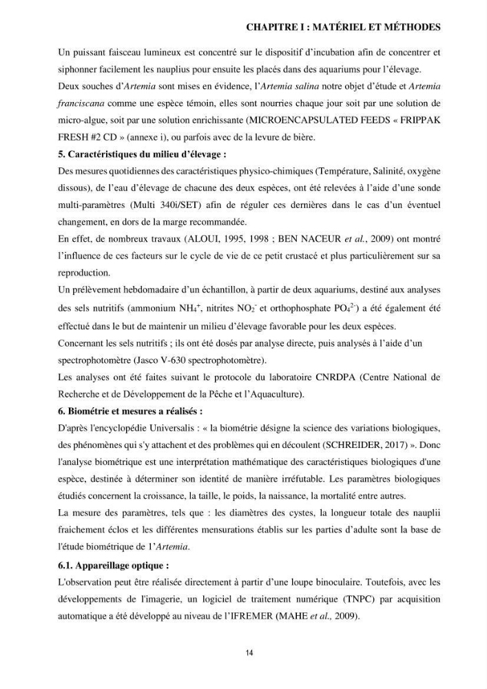 Mis en place des outils technologiques necessaires au developpement d\'un elevage d\'Artémia Salina du saline de Bethioua: