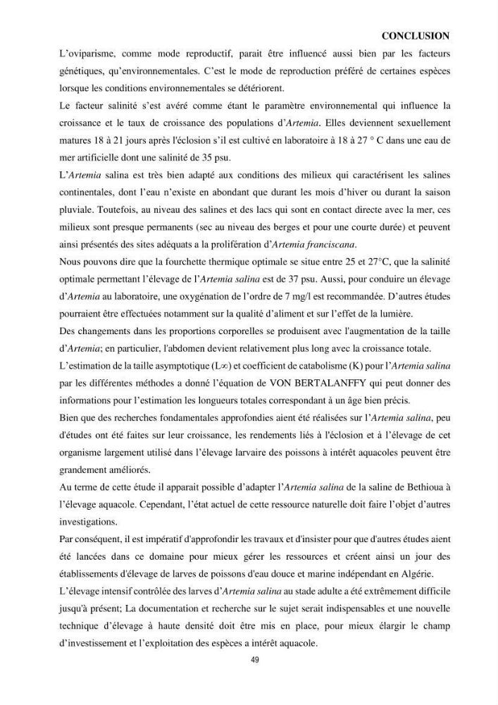 Mis en place des outils technologiques necessaires au developpement d\'un elevage d\'Artémia Salina du saline de Bethioua: