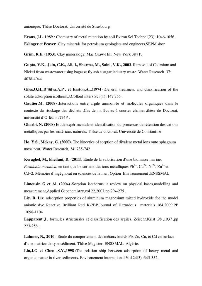 Elimination des métaux traces dans l\'eau par adsorption sur les matériaux argileux