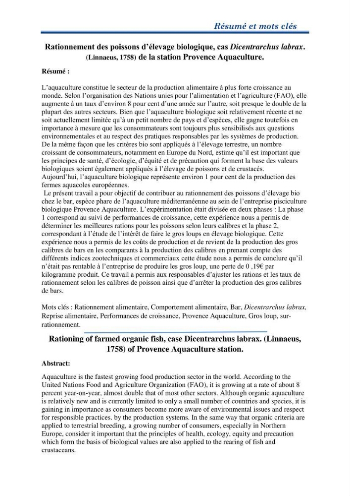 Contribution au rationnement alimentaire du loup de mer Dicentrachus labrax (Linnaeus, 1758) Cas de l’élevage biologique de la station Provence Aquaculture (Marseille _ France):