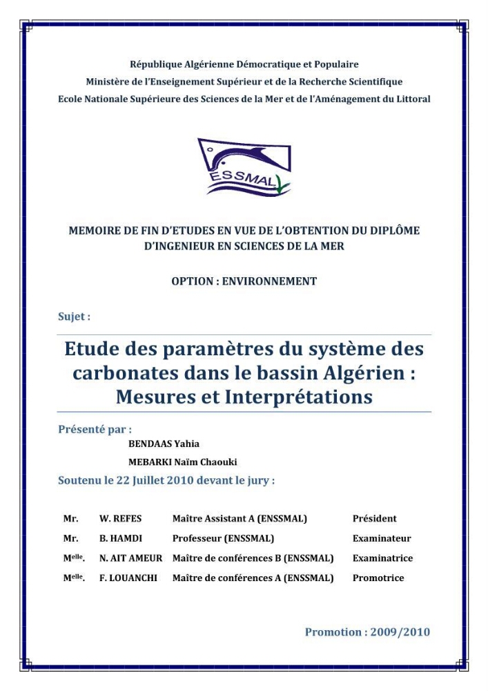 Etude des paramètres du système des carbonates dans le bassin Algérien