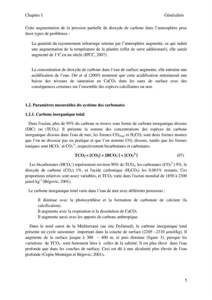 Etude des paramètres du système des carbonates dans le bassin Algérien