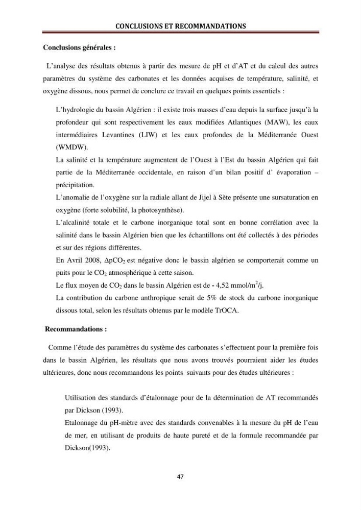 Etude des paramètres du système des carbonates dans le bassin Algérien