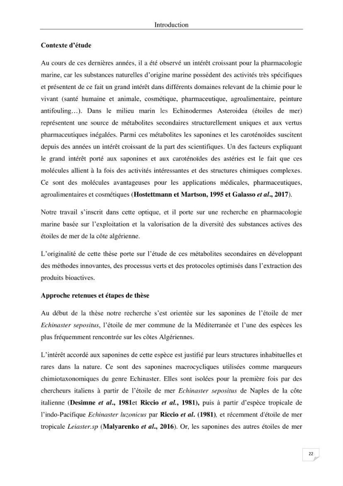 Optimisation des conditions d’extraction par micro-ondes et ultrasons des saponines et des caroténoïdes de deux Échinodermes Astéroidea de la marge algérienne (Echinaster sepositus et Ophidiaster ophidianus) et étude de leurs activités biologiques