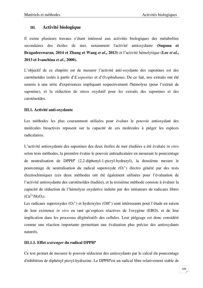 Optimisation des conditions d’extraction par micro-ondes et ultrasons des saponines et des caroténoïdes de deux Échinodermes Astéroidea de la marge algérienne (Echinaster sepositus et Ophidiaster ophidianus) et étude de leurs activités biologiques