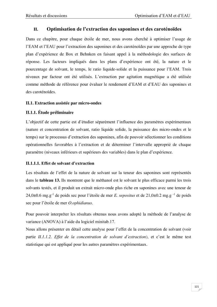 Optimisation des conditions d’extraction par micro-ondes et ultrasons des saponines et des caroténoïdes de deux Échinodermes Astéroidea de la marge algérienne (Echinaster sepositus et Ophidiaster ophidianus) et étude de leurs activités biologiques