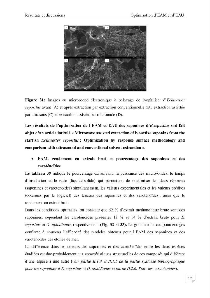 Optimisation des conditions d’extraction par micro-ondes et ultrasons des saponines et des caroténoïdes de deux Échinodermes Astéroidea de la marge algérienne (Echinaster sepositus et Ophidiaster ophidianus) et étude de leurs activités biologiques
