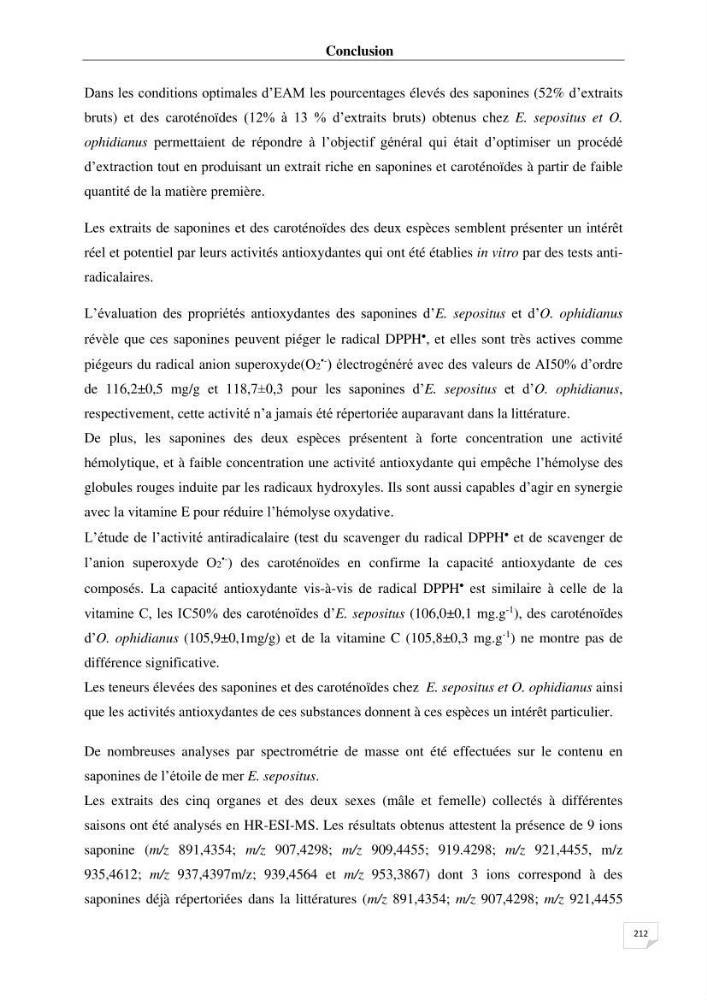 Optimisation des conditions d’extraction par micro-ondes et ultrasons des saponines et des caroténoïdes de deux Échinodermes Astéroidea de la marge algérienne (Echinaster sepositus et Ophidiaster ophidianus) et étude de leurs activités biologiques