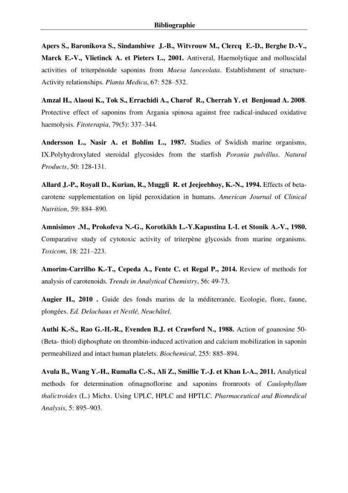 Optimisation des conditions d’extraction par micro-ondes et ultrasons des saponines et des caroténoïdes de deux Échinodermes Astéroidea de la marge algérienne (Echinaster sepositus et Ophidiaster ophidianus) et étude de leurs activités biologiques