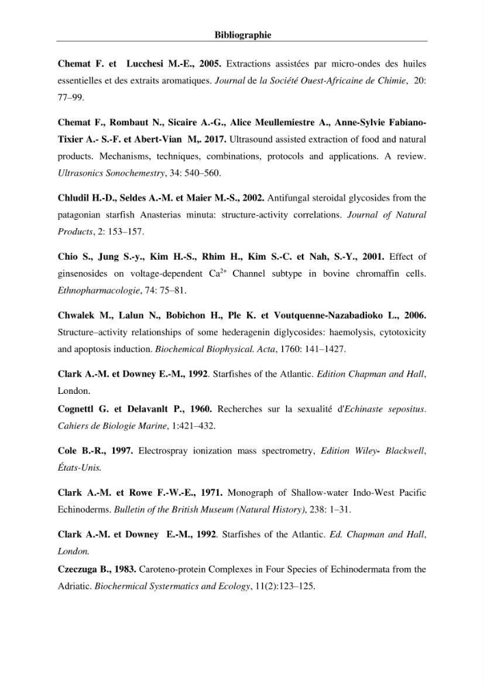 Optimisation des conditions d’extraction par micro-ondes et ultrasons des saponines et des caroténoïdes de deux Échinodermes Astéroidea de la marge algérienne (Echinaster sepositus et Ophidiaster ophidianus) et étude de leurs activités biologiques