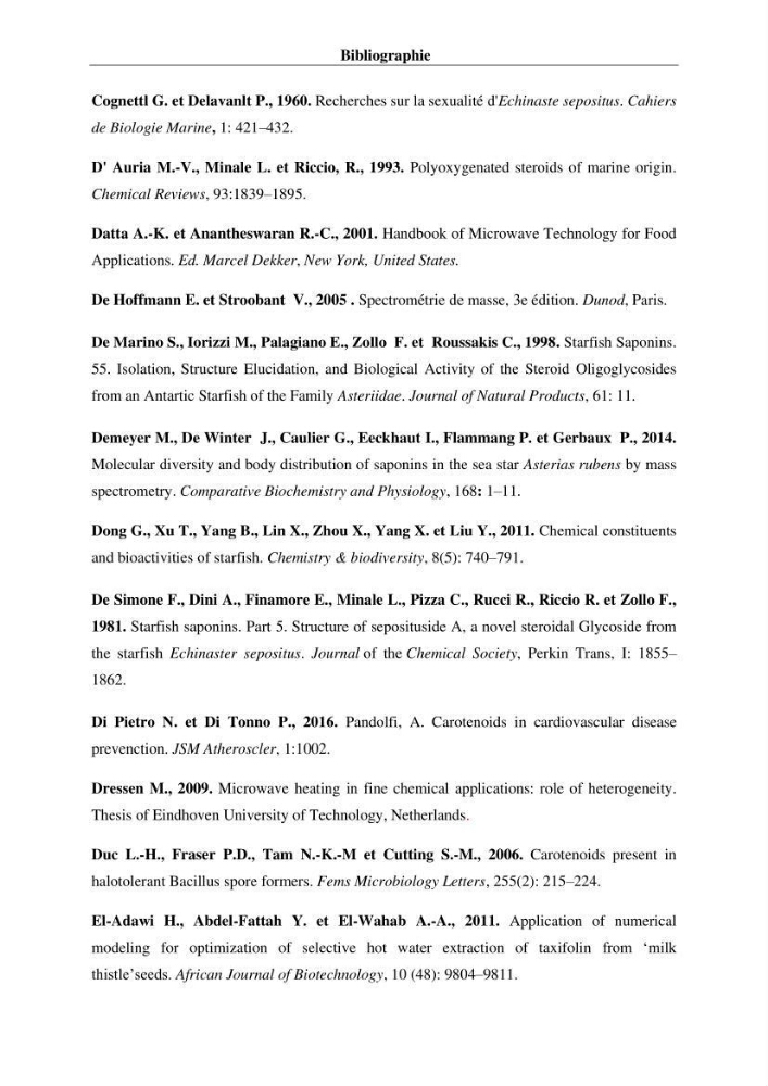 Optimisation des conditions d’extraction par micro-ondes et ultrasons des saponines et des caroténoïdes de deux Échinodermes Astéroidea de la marge algérienne (Echinaster sepositus et Ophidiaster ophidianus) et étude de leurs activités biologiques