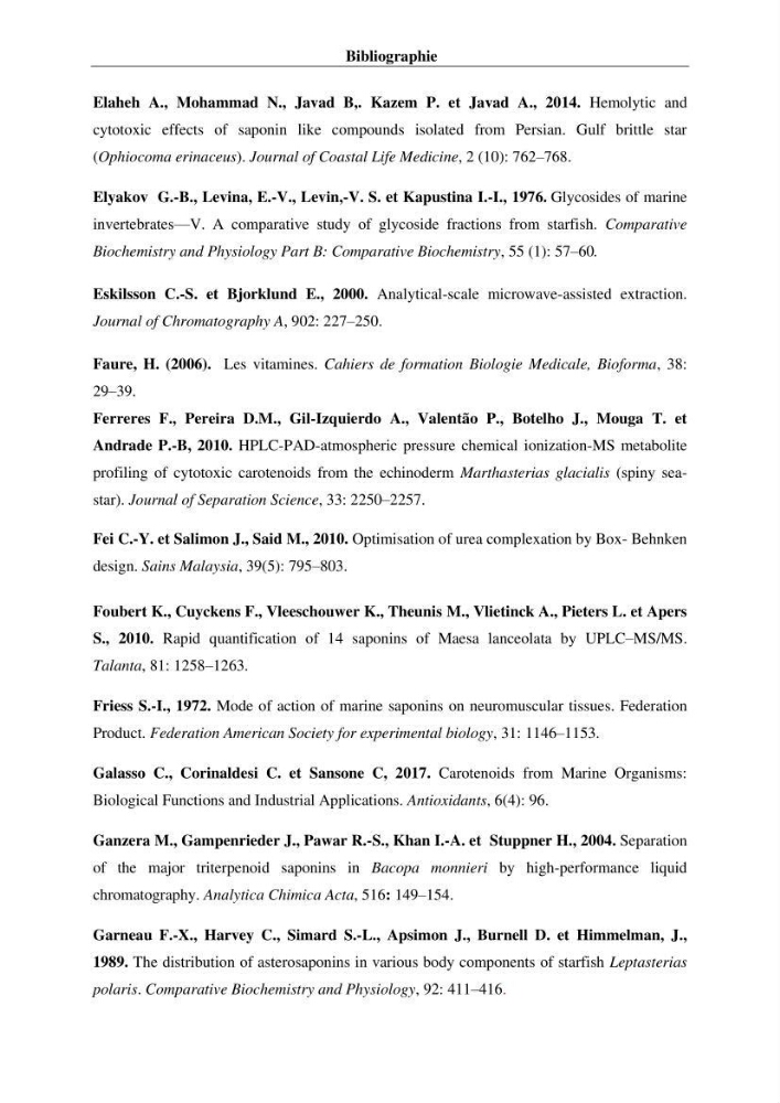 Optimisation des conditions d’extraction par micro-ondes et ultrasons des saponines et des caroténoïdes de deux Échinodermes Astéroidea de la marge algérienne (Echinaster sepositus et Ophidiaster ophidianus) et étude de leurs activités biologiques