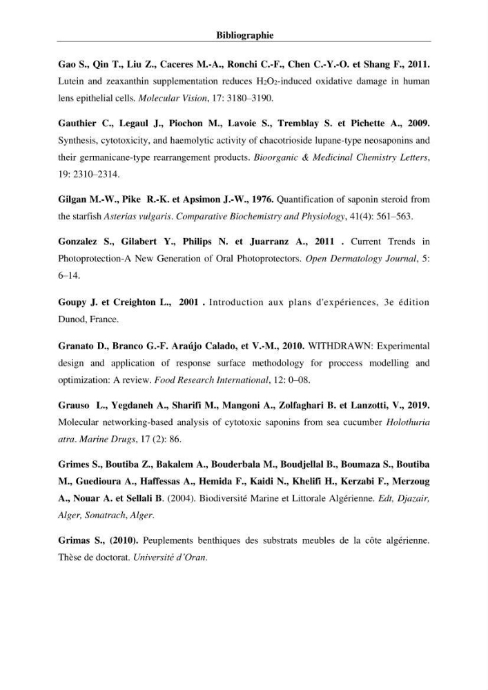 Optimisation des conditions d’extraction par micro-ondes et ultrasons des saponines et des caroténoïdes de deux Échinodermes Astéroidea de la marge algérienne (Echinaster sepositus et Ophidiaster ophidianus) et étude de leurs activités biologiques