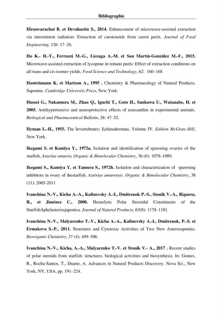 Optimisation des conditions d’extraction par micro-ondes et ultrasons des saponines et des caroténoïdes de deux Échinodermes Astéroidea de la marge algérienne (Echinaster sepositus et Ophidiaster ophidianus) et étude de leurs activités biologiques