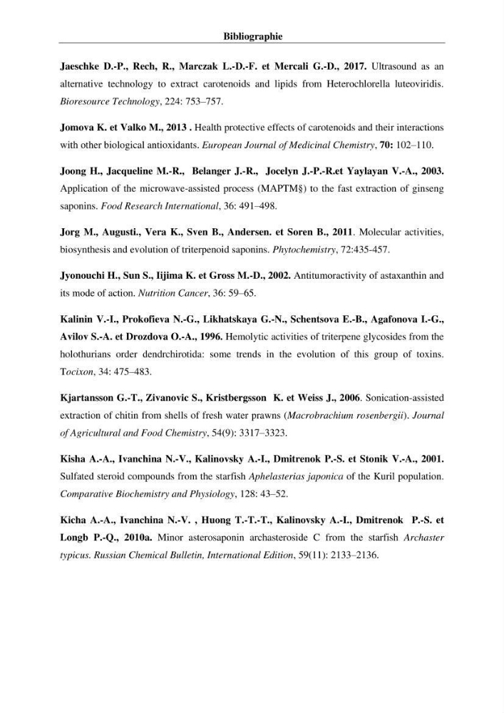 Optimisation des conditions d’extraction par micro-ondes et ultrasons des saponines et des caroténoïdes de deux Échinodermes Astéroidea de la marge algérienne (Echinaster sepositus et Ophidiaster ophidianus) et étude de leurs activités biologiques