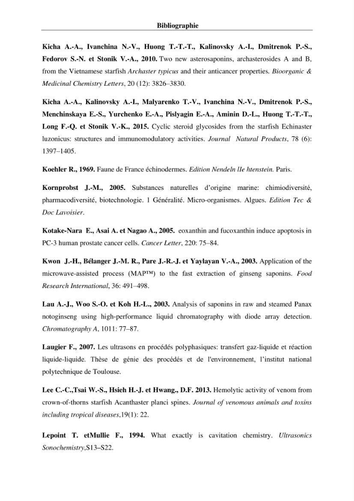 Optimisation des conditions d’extraction par micro-ondes et ultrasons des saponines et des caroténoïdes de deux Échinodermes Astéroidea de la marge algérienne (Echinaster sepositus et Ophidiaster ophidianus) et étude de leurs activités biologiques