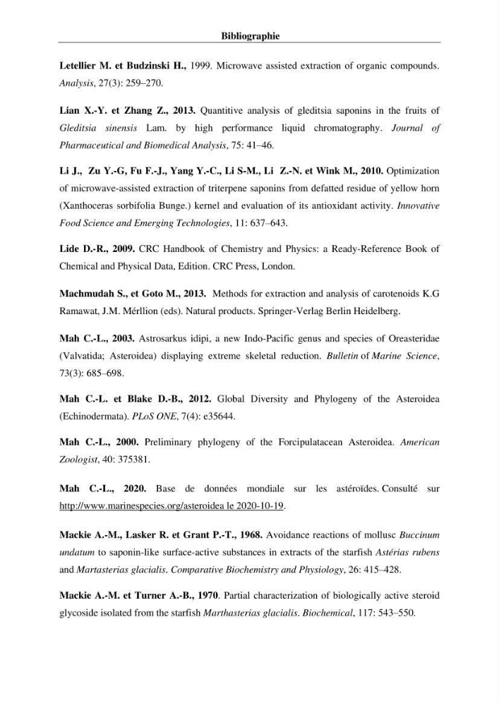 Optimisation des conditions d’extraction par micro-ondes et ultrasons des saponines et des caroténoïdes de deux Échinodermes Astéroidea de la marge algérienne (Echinaster sepositus et Ophidiaster ophidianus) et étude de leurs activités biologiques