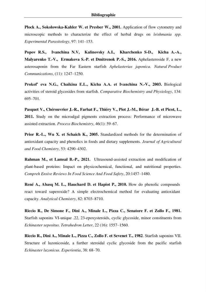 Optimisation des conditions d’extraction par micro-ondes et ultrasons des saponines et des caroténoïdes de deux Échinodermes Astéroidea de la marge algérienne (Echinaster sepositus et Ophidiaster ophidianus) et étude de leurs activités biologiques