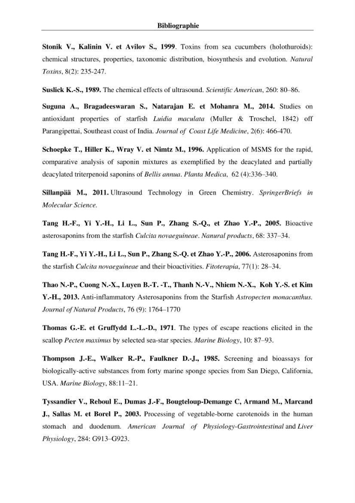 Optimisation des conditions d’extraction par micro-ondes et ultrasons des saponines et des caroténoïdes de deux Échinodermes Astéroidea de la marge algérienne (Echinaster sepositus et Ophidiaster ophidianus) et étude de leurs activités biologiques