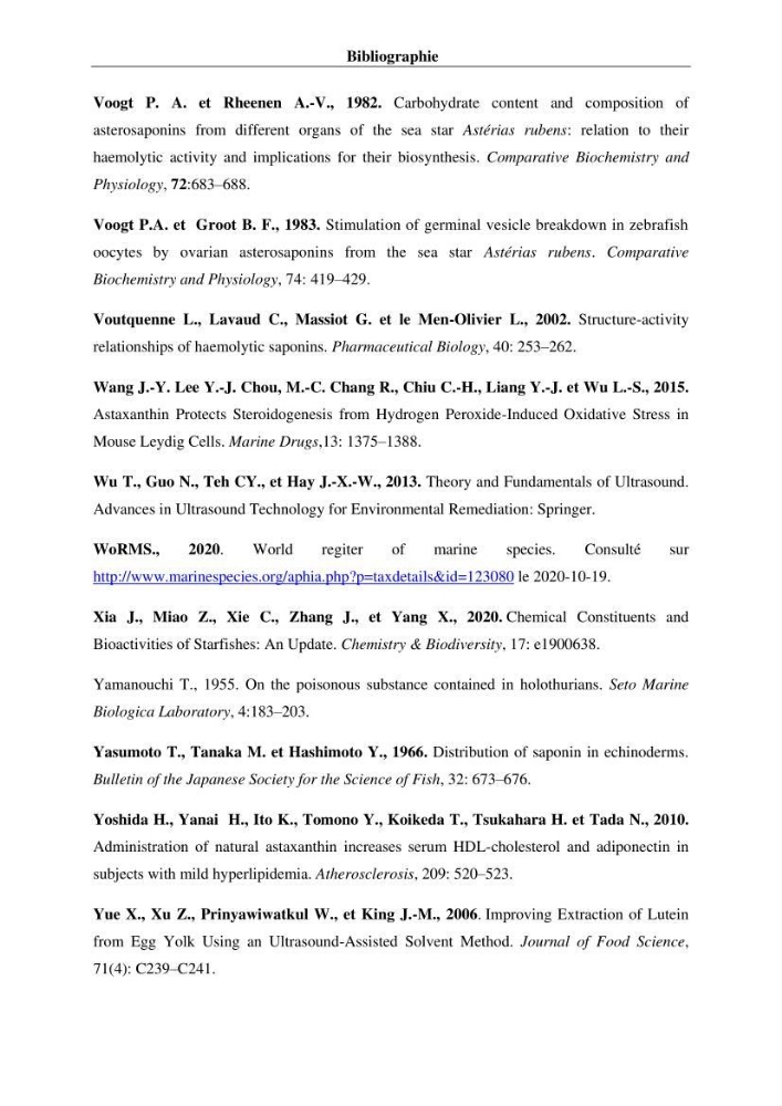 Optimisation des conditions d’extraction par micro-ondes et ultrasons des saponines et des caroténoïdes de deux Échinodermes Astéroidea de la marge algérienne (Echinaster sepositus et Ophidiaster ophidianus) et étude de leurs activités biologiques