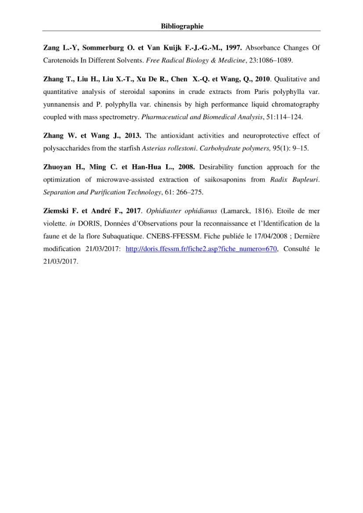 Optimisation des conditions d’extraction par micro-ondes et ultrasons des saponines et des caroténoïdes de deux Échinodermes Astéroidea de la marge algérienne (Echinaster sepositus et Ophidiaster ophidianus) et étude de leurs activités biologiques