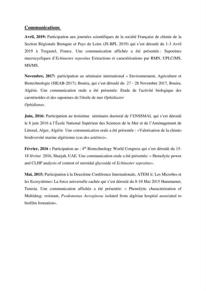 Optimisation des conditions d’extraction par micro-ondes et ultrasons des saponines et des caroténoïdes de deux Échinodermes Astéroidea de la marge algérienne (Echinaster sepositus et Ophidiaster ophidianus) et étude de leurs activités biologiques