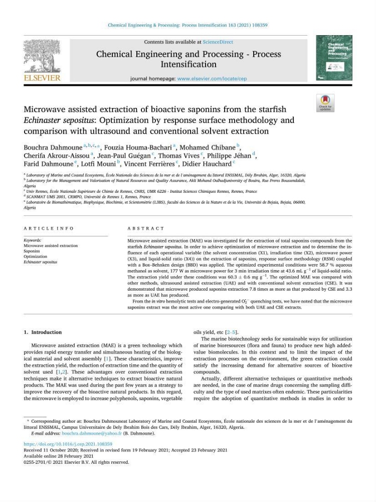 Optimisation des conditions d’extraction par micro-ondes et ultrasons des saponines et des caroténoïdes de deux Échinodermes Astéroidea de la marge algérienne (Echinaster sepositus et Ophidiaster ophidianus) et étude de leurs activités biologiques