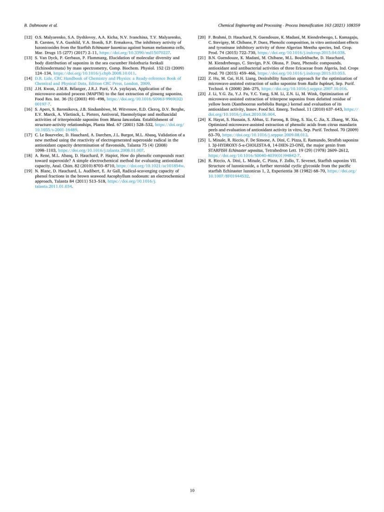 Optimisation des conditions d’extraction par micro-ondes et ultrasons des saponines et des caroténoïdes de deux Échinodermes Astéroidea de la marge algérienne (Echinaster sepositus et Ophidiaster ophidianus) et étude de leurs activités biologiques