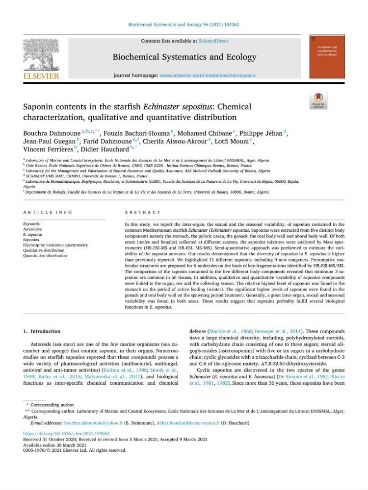 Optimisation des conditions d’extraction par micro-ondes et ultrasons des saponines et des caroténoïdes de deux Échinodermes Astéroidea de la marge algérienne (Echinaster sepositus et Ophidiaster ophidianus) et étude de leurs activités biologiques