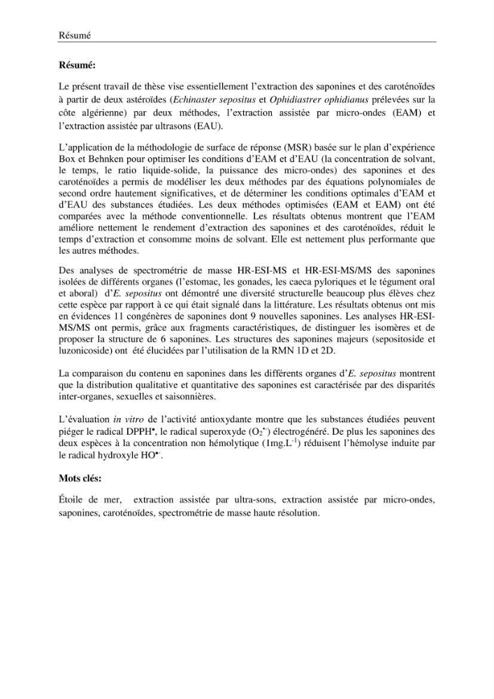 Optimisation des conditions d’extraction par micro-ondes et ultrasons des saponines et des caroténoïdes de deux Échinodermes Astéroidea de la marge algérienne (Echinaster sepositus et Ophidiaster ophidianus) et étude de leurs activités biologiques