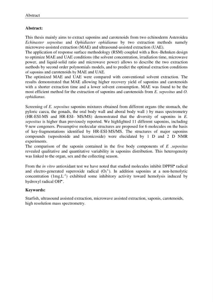 Optimisation des conditions d’extraction par micro-ondes et ultrasons des saponines et des caroténoïdes de deux Échinodermes Astéroidea de la marge algérienne (Echinaster sepositus et Ophidiaster ophidianus) et étude de leurs activités biologiques