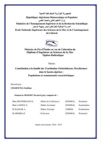 Contribution à la famille des Trachinidae (Osteichthyens, Perciformes)dans le bassin algérien Contribution à la famille des Trachinidae (Osteichthyens, Perciformes)dans le bassin algérien