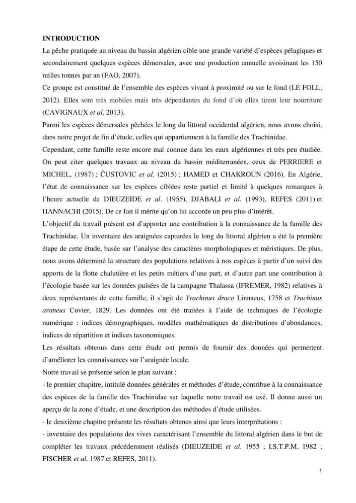 Contribution à la famille des Trachinidae (Osteichthyens, Perciformes)dans le bassin algérien