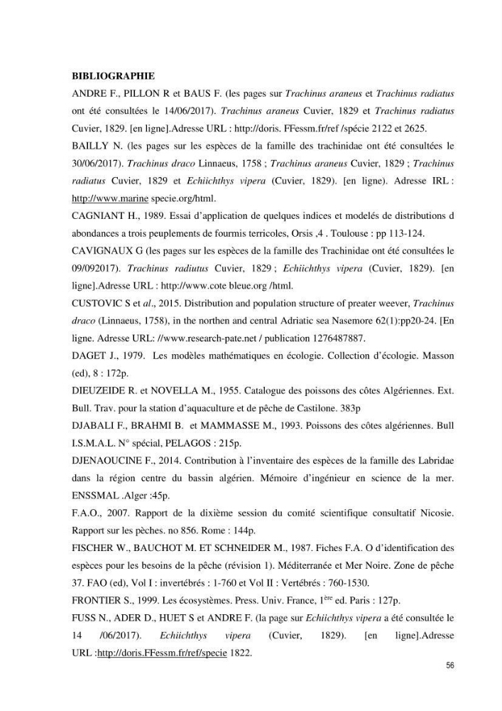 Contribution à la famille des Trachinidae (Osteichthyens, Perciformes)dans le bassin algérien