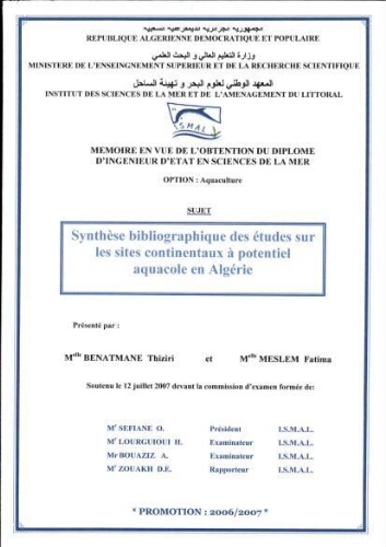 Synthèse bibiographique des études les sites continentaux à ponteniel aquacole en Algérie Synthèse bibiographique des études les sites continentaux à ponteniel aquacole en Algérie