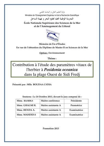 Contribution à l'étude des paramètres vitaux de l'herbier à Posidonia oceanica dans la plage de ouest de Sidi Fredj: Contribution à l'étude des paramètres vitaux de l'herbier à Posidonia oceanica dans la plage de ouest de Sidi Fredj: