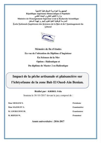 Impact de la pêche artisanale et plaisancière sur l’ichtyofaune de la zone Bab El Oued-Ain Benian.: Impact de la pêche artisanale et plaisancière sur l’ichtyofaune de la zone Bab El Oued-Ain Benian.: