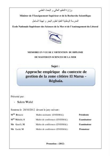 Approche empirique du contexte de gestion de la zone côtière El Marsa - Réghaia Approche empirique du contexte de gestion de la zone côtière El Marsa - Réghaia