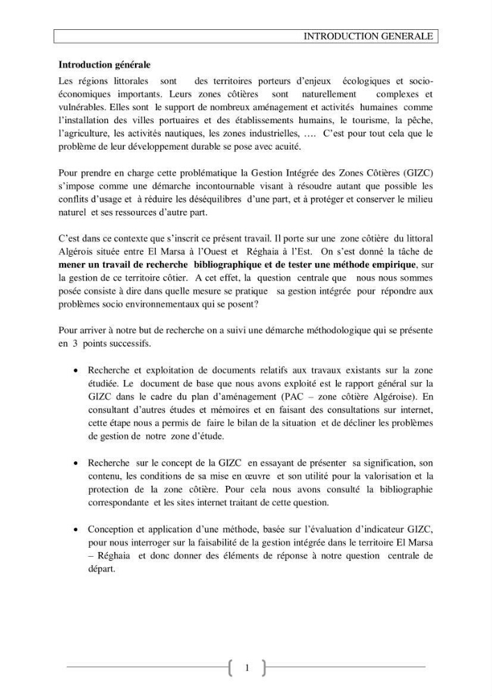 Approche empirique du contexte de gestion de la zone côtière El Marsa - Réghaia
