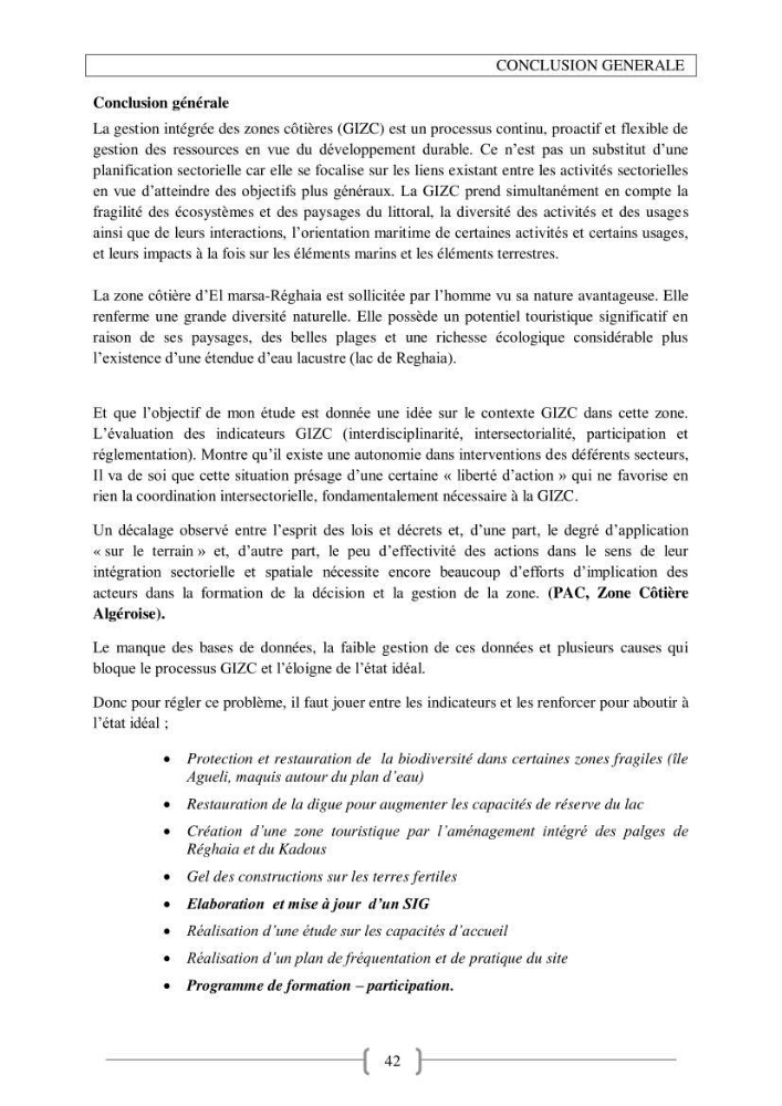 Approche empirique du contexte de gestion de la zone côtière El Marsa - Réghaia
