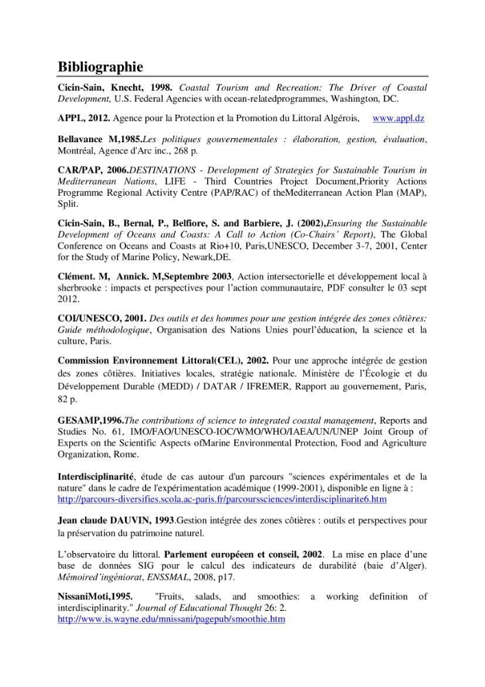 Approche empirique du contexte de gestion de la zone côtière El Marsa - Réghaia
