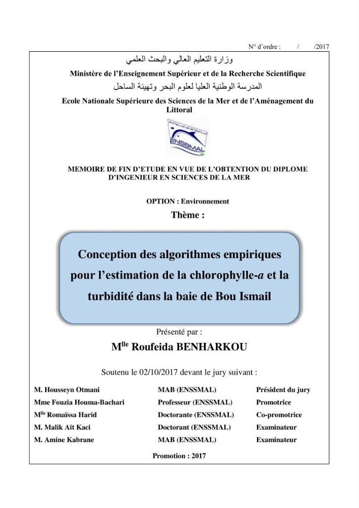 Conception des algorithmes empiriques pour l\'estimation de la chlorophylle-a et la turbidité dans la baie de Bou-Ismail: