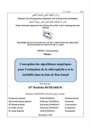 Conception des algorithmes empiriques pour l'estimation de la chlorophylle-a et la turbidité dans la baie de Bou-Ismail: Conception des algorithmes empiriques pour l'estimation de la chlorophylle-a et la turbidité dans la baie de Bou-Ismail: