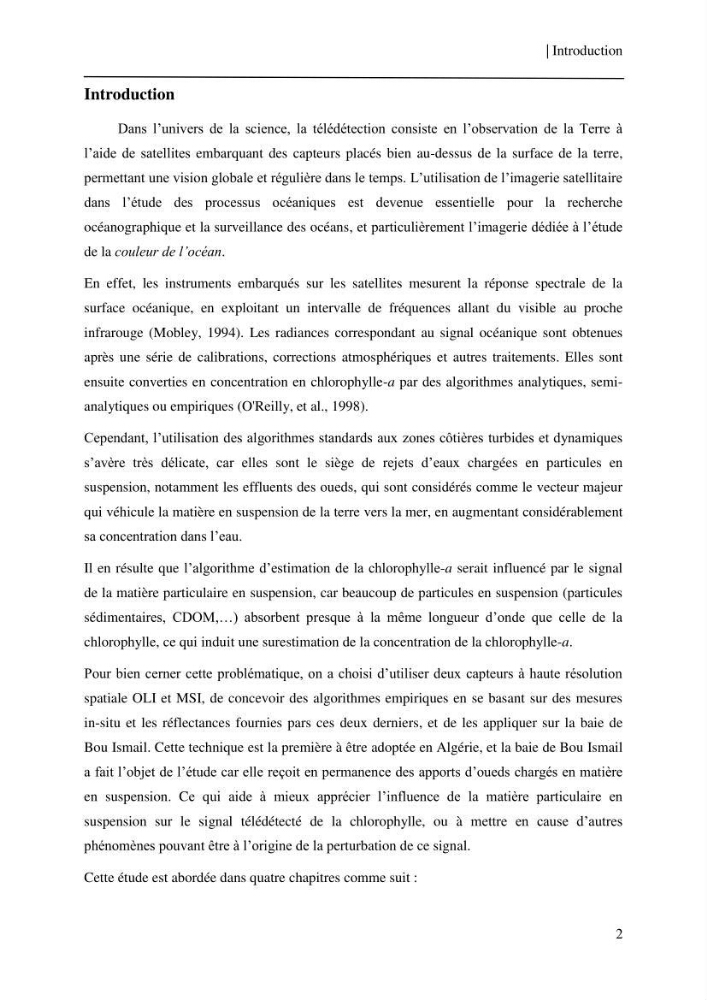 Conception des algorithmes empiriques pour l\'estimation de la chlorophylle-a et la turbidité dans la baie de Bou-Ismail:
