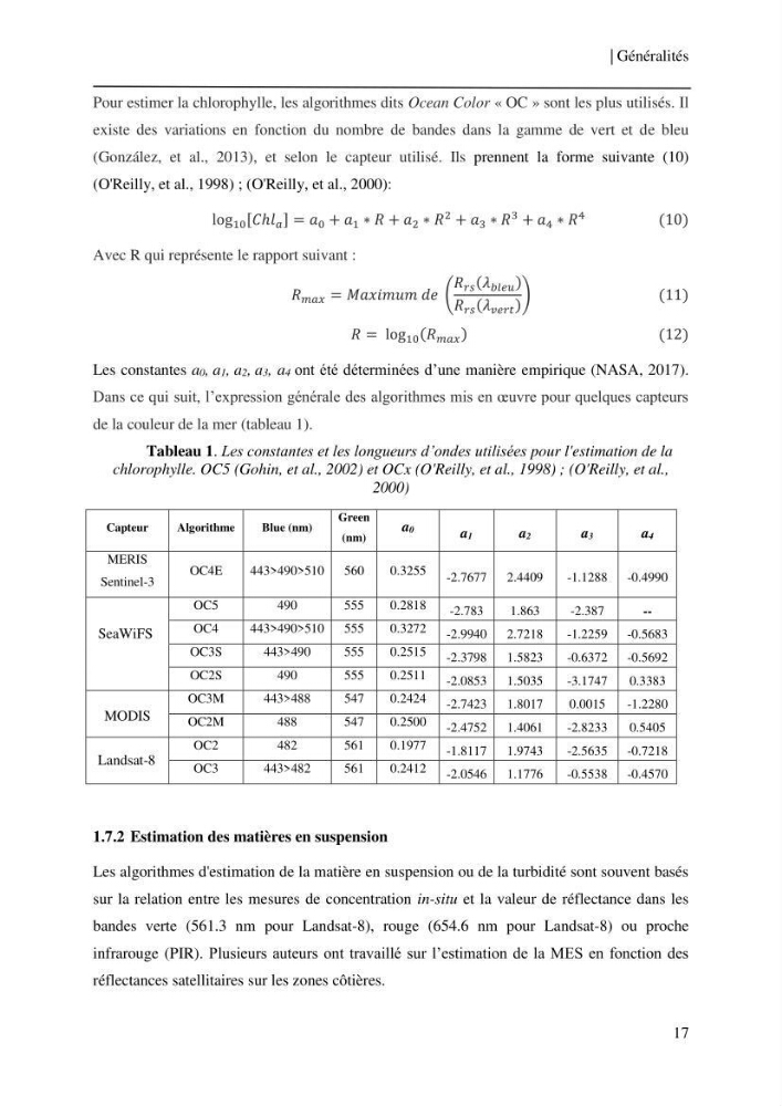Conception des algorithmes empiriques pour l\'estimation de la chlorophylle-a et la turbidité dans la baie de Bou-Ismail: