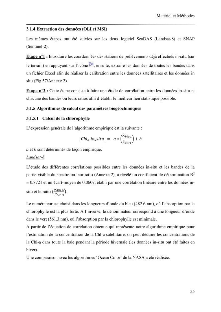 Conception des algorithmes empiriques pour l\'estimation de la chlorophylle-a et la turbidité dans la baie de Bou-Ismail: