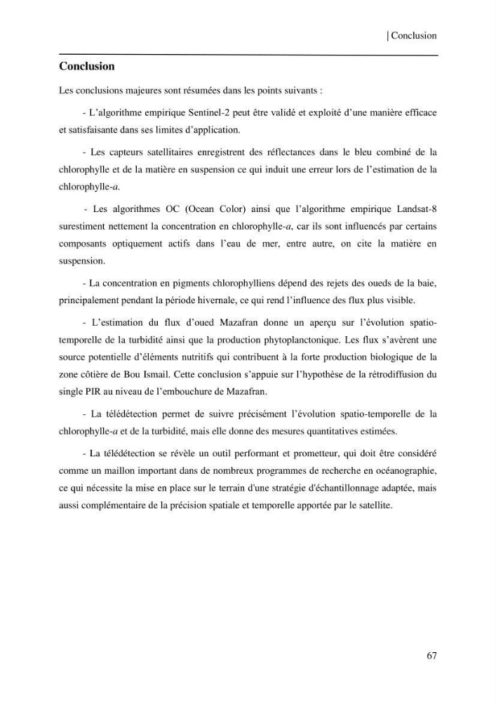 Conception des algorithmes empiriques pour l\'estimation de la chlorophylle-a et la turbidité dans la baie de Bou-Ismail: