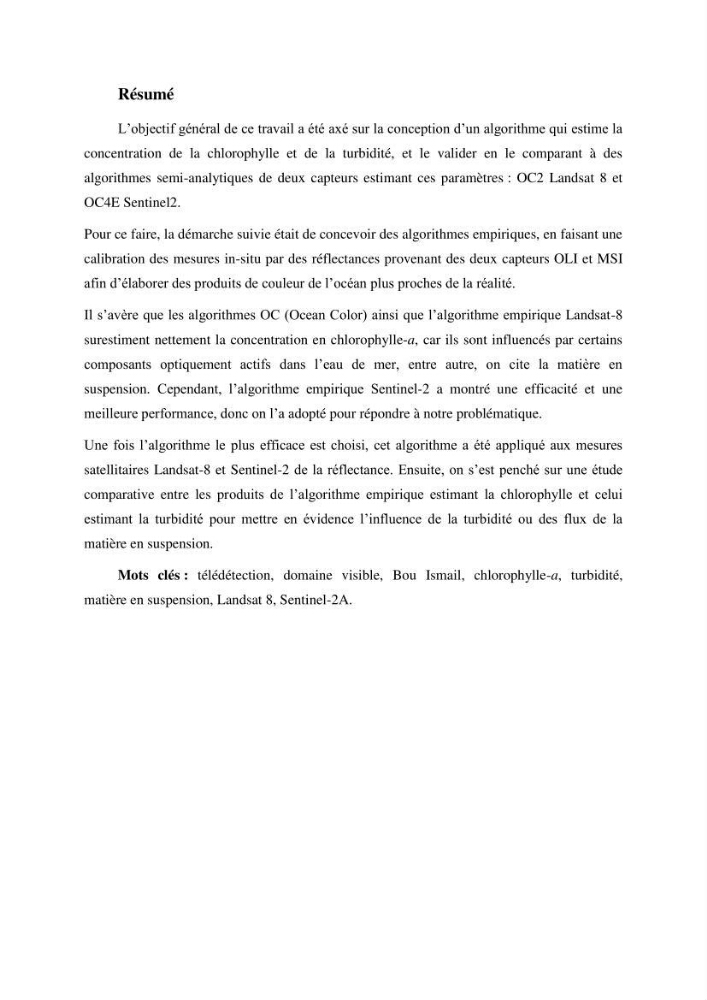 Conception des algorithmes empiriques pour l\'estimation de la chlorophylle-a et la turbidité dans la baie de Bou-Ismail: