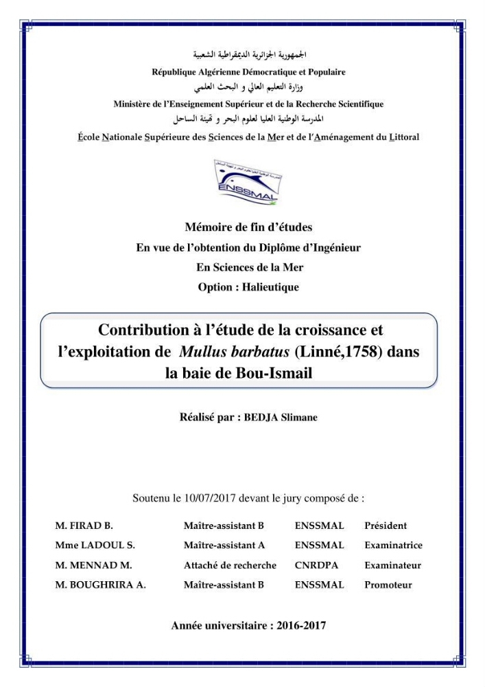 Contribution à l’étude de la croissance et l\'exploitation de Mullusbarbatus (Linné,1758) dans la baie de Bou-Ismail