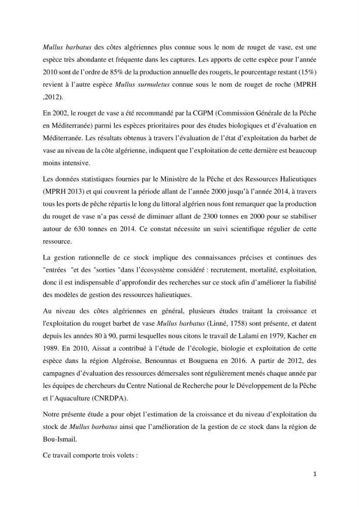 Contribution à l’étude de la croissance et l\'exploitation de Mullusbarbatus (Linné,1758) dans la baie de Bou-Ismail